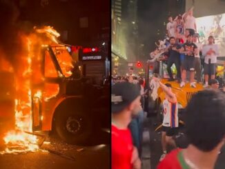 Knicks Fans Set School Bus on Fire During NBA Championship Celebration Chaos in Manhattan