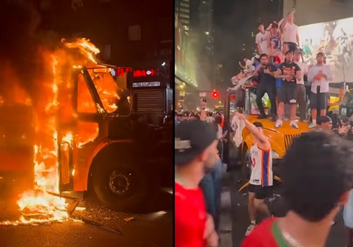 Knicks Fans Set School Bus on Fire During NBA Championship Celebration Chaos in Manhattan